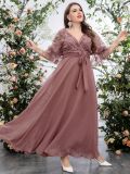 Plus Size Women's V-Neck Mesh Embroidered Patchwork Solid Color Chiffon Waist Lace-Up Elegant Dress