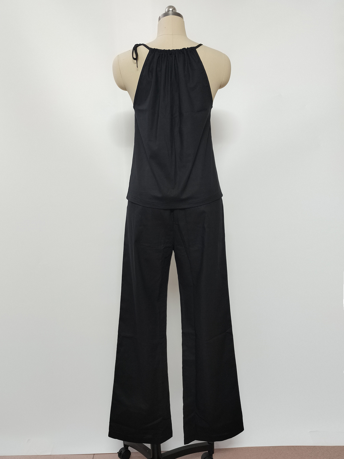 Summer Women's Openwork Halter Neck Top Wide Leg Pants Fashion Casual Linen Set