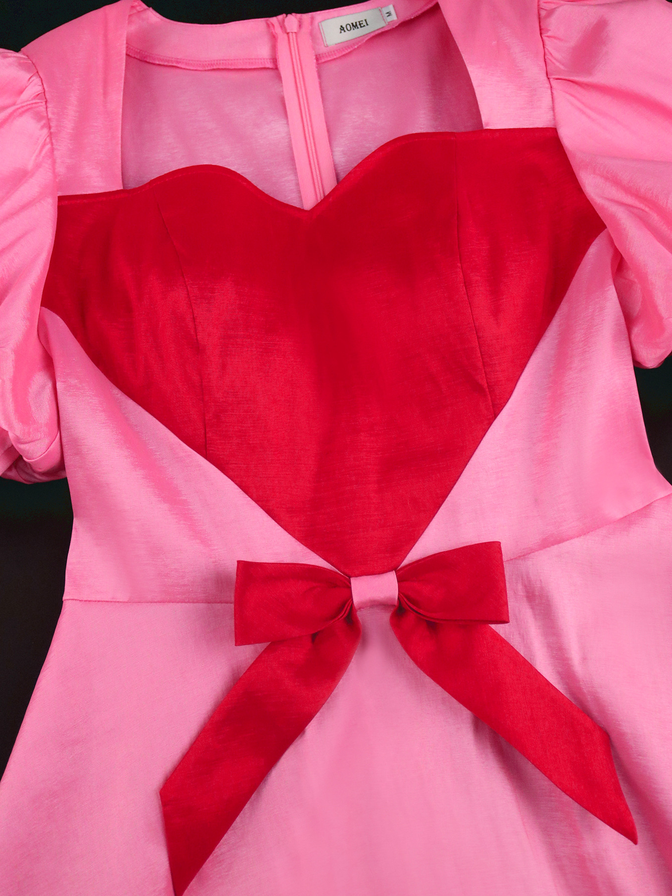 Women Contrast Heart Print Bow Puff Sleeve Party Dinner Dress