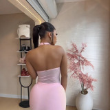 Women Fall Solid Sleeveless Halter Neck Sexy See-Through Mesh Patchwork Bodycon Dress