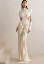 Autumn Women's Solid Color Long Sleeve High Neck Chic Slim Fit Pleated Low Back Long Dress