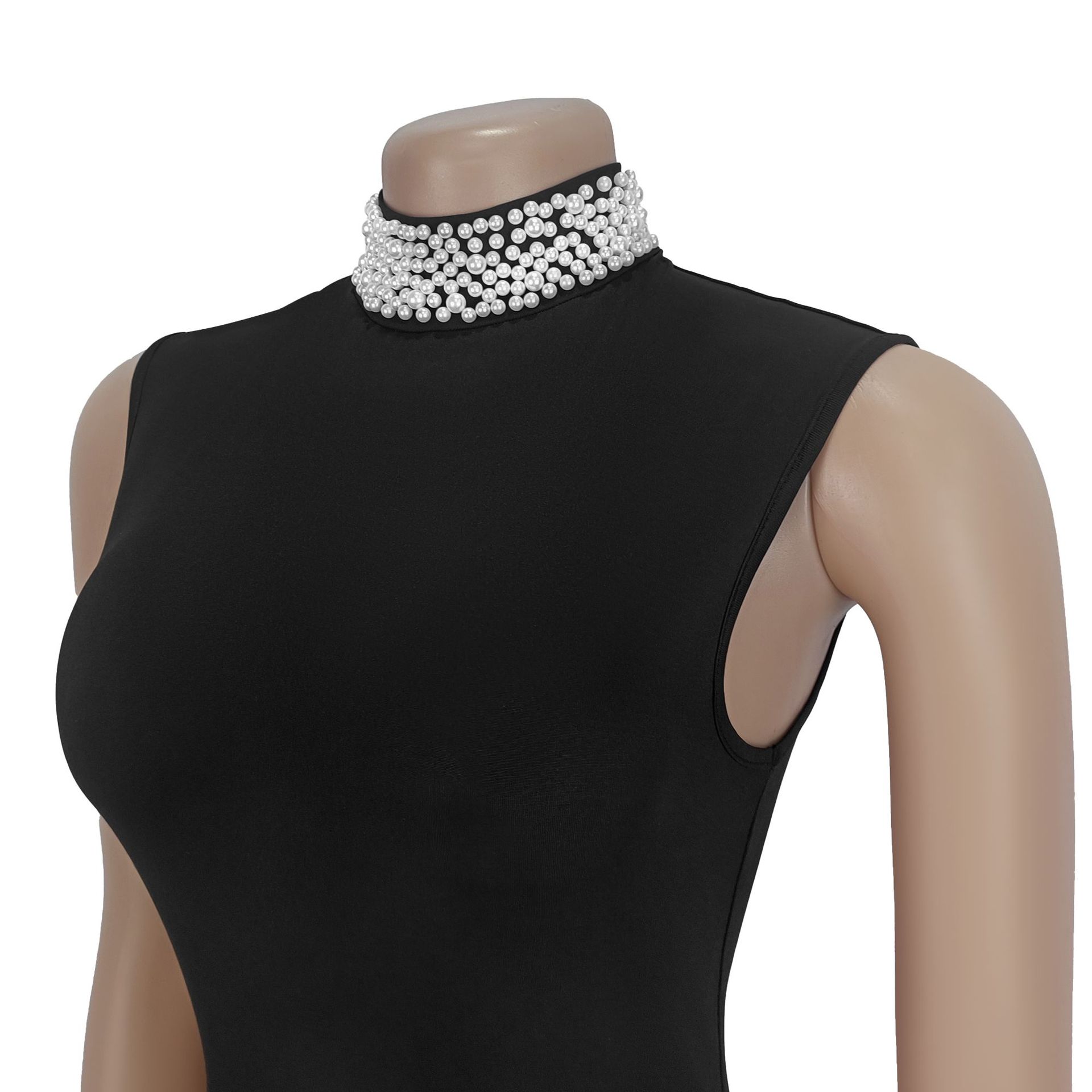 Fashion Women's Chic Pearl Patchwork Sleeveless Pleated Long Dress