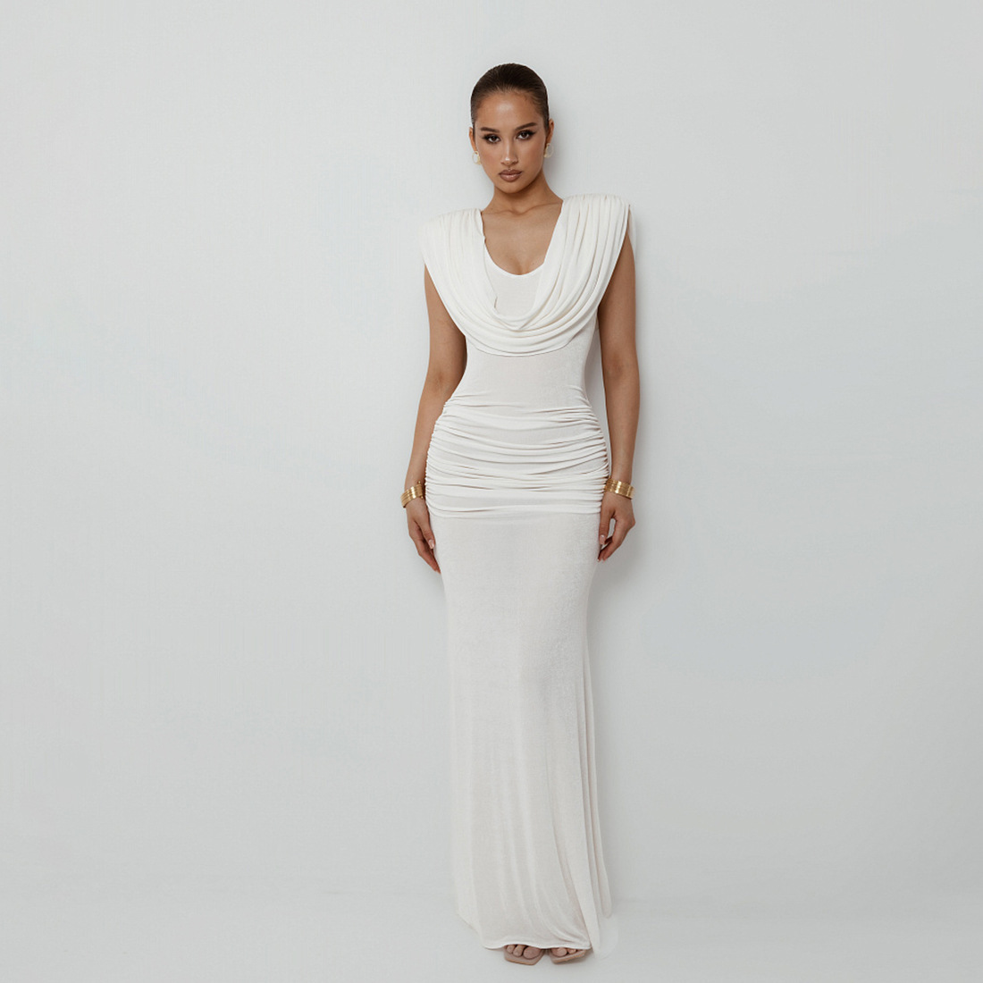 Autumn Women's Solid Color Chic Elegant Slim Waist Pleated Cowl Neck Slim Fit Long Dress