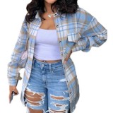 Women Turndown Collar Button Plaid Pocket Long-Sleeved Shirt