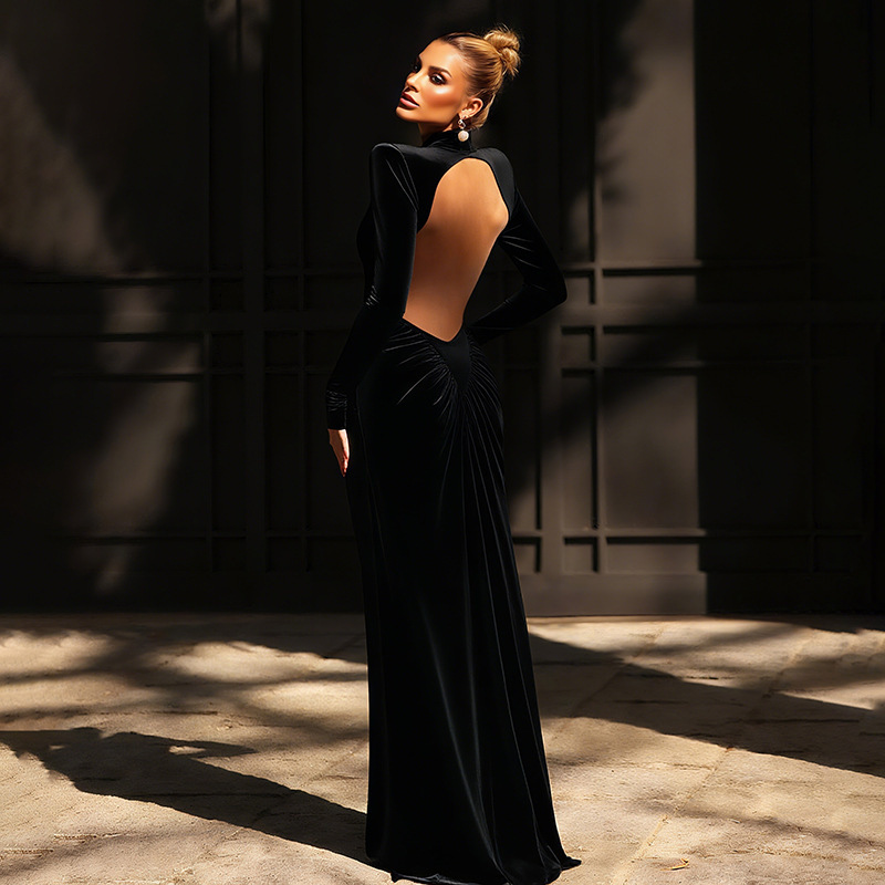 Autumn Women's Solid Color Long Sleeve High Neck Chic Slim Fit Pleated Low Back Long Dress