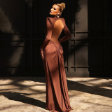 Autumn Women's Solid Color Long Sleeve High Neck Chic Slim Fit Pleated Low Back Long Dress