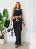 Beaded Women Street Loose Wide Leg Trend Denim Pants