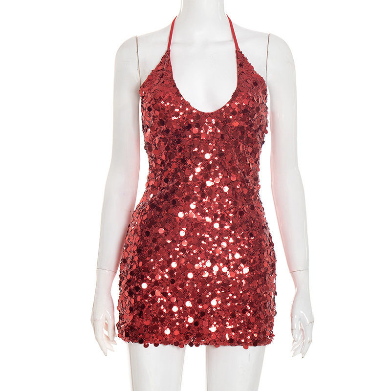 Women Summer Sexy Sequin Halter Neck Backless Party Bodycon Dress