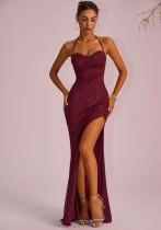 Women elegant solid backless slit maxi dress