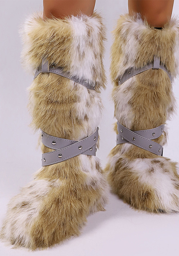 Leopard Print High Top Lace-Up Furry Boots Women Fleece-Lined Studded Thick Sole Snow Boots