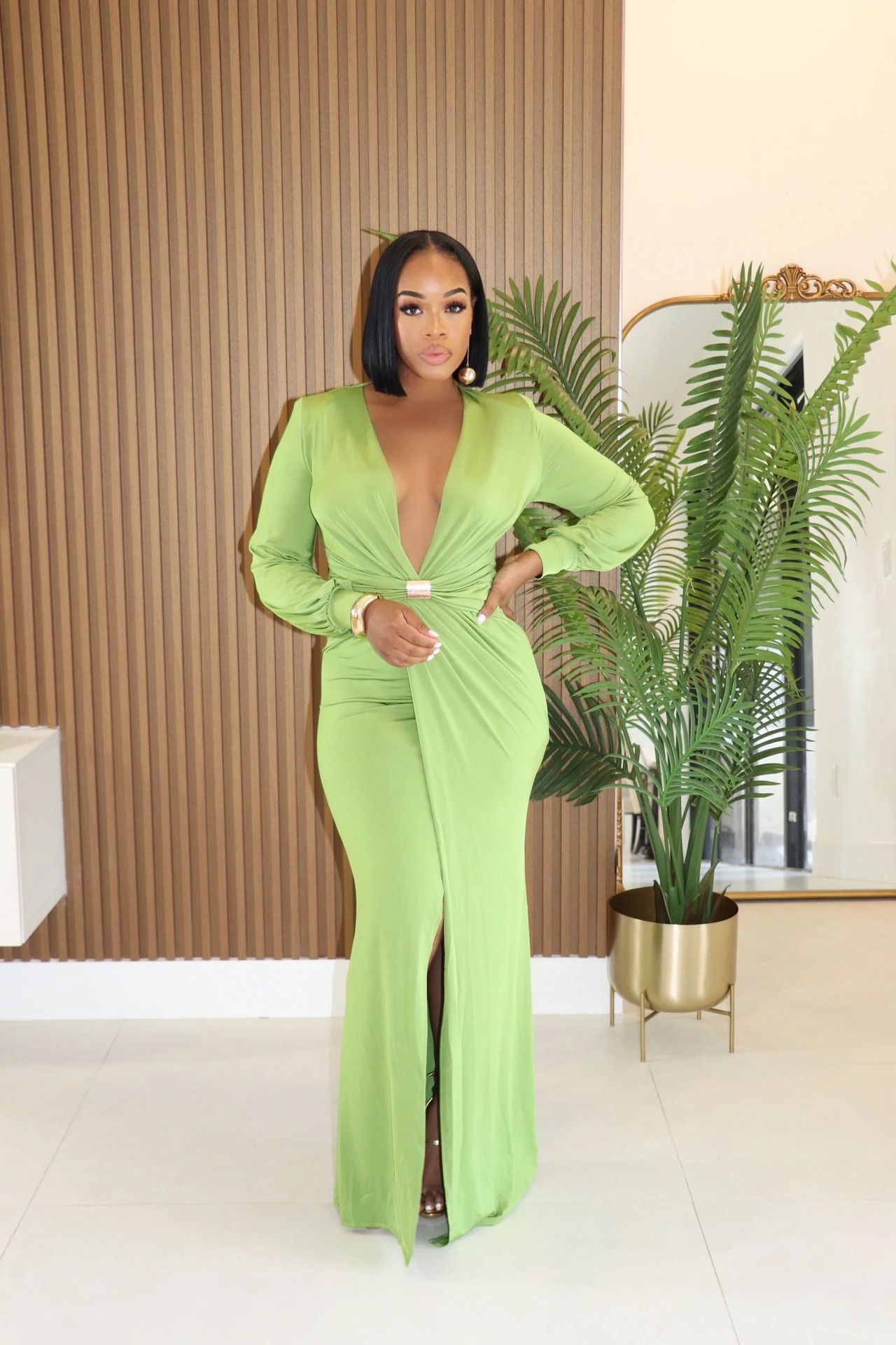 Fashion Deep V Long Sleeve Slim Waist Sexy Slit Solid Color Autumn Winter Women's Long Dres