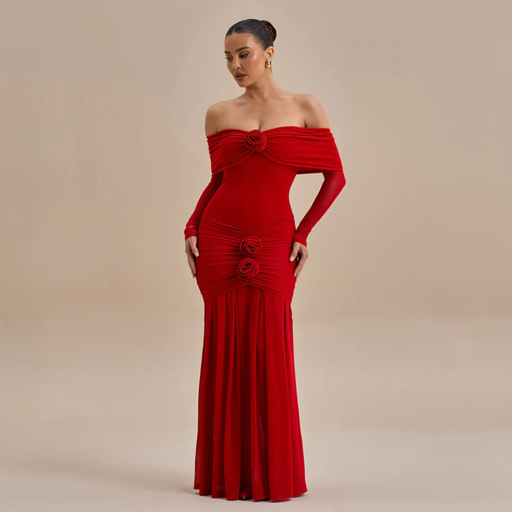 Women autumn/winter sexy floral off-shoulder pleated bodycon dress