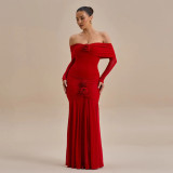 Women autumn/winter sexy floral off-shoulder pleated bodycon dress