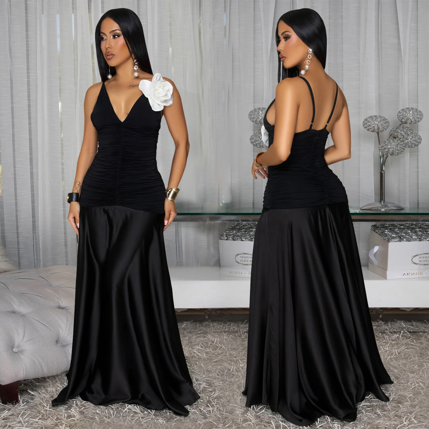 Fashion Women's Summer White Flower Strappy Maxi Dress