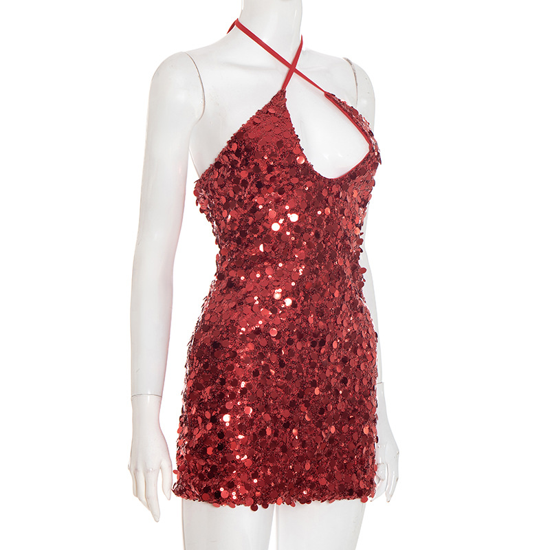 Women Summer Sexy Sequin Halter Neck Backless Party Bodycon Dress