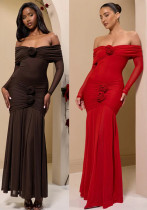 Women autumn/winter sexy floral off-shoulder pleated bodycon dress