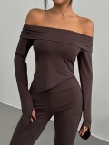 Women Solid Knitting Casual Long-Sleeved Top and Pant Two-Piece Set