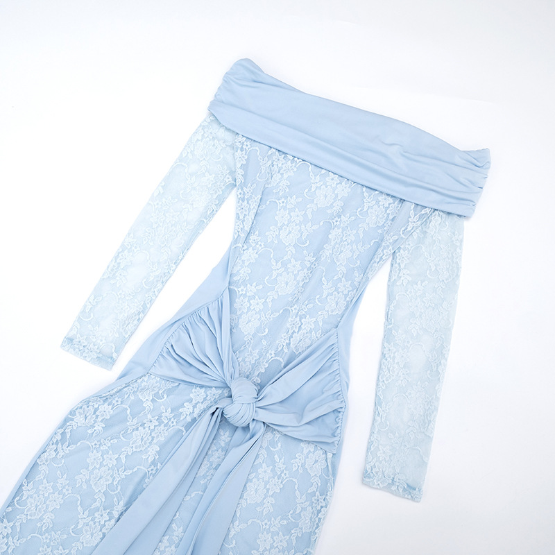 Women Sexy See-Through Lace Patchwork Off-Shoulder Long-Sleeve Dress