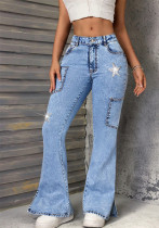 Distressed Hem Women Slim Fit Fashion Bell Bottom Denim Long Pants