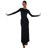 Women autumn/winter elegant solid long-sleeved metal ring lace-up dress Dresses