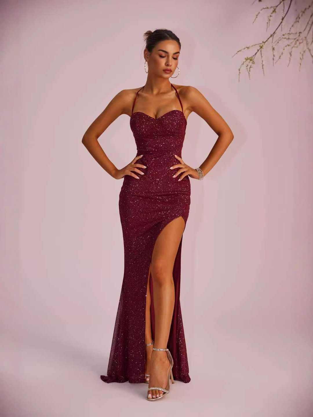 Women elegant solid backless slit maxi dress