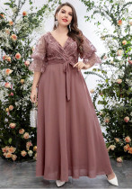 Plus Size Women's V-Neck Mesh Embroidered Patchwork Solid Color Chiffon Waist Lace-Up Elegant Dress