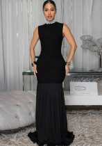 Fashion Women's Chic Pearl Patchwork Sleeveless Pleated Long Dress Fashion Women's Chic Pearl Patchwork Sleeveless Pleated Long Dress