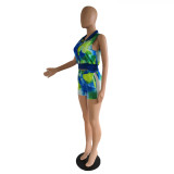 Women's Beaded Sleeveless Sexy Tie-Dye Two-Piece Shorts Set