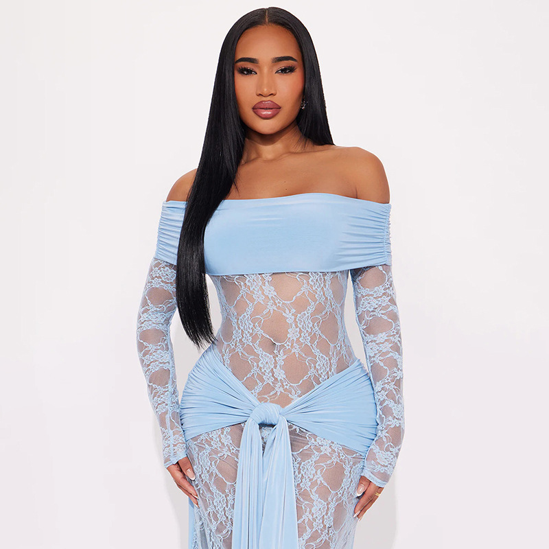 Women Sexy See-Through Lace Patchwork Off-Shoulder Long-Sleeve Dress