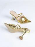 Women Pointed-Toe High-Heeled Gold Slipper Heels