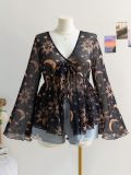 Women V-Neck Mesh Print Holiday Bell Bottom Sleeve Top