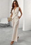 Solid Color V-Neck Sleeveless Button-Up Vest High Waist Career  Women's Pants Suit
