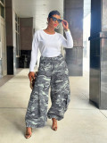 Women Camouflage Casual Cargo Denim Wide-Leg Pants
