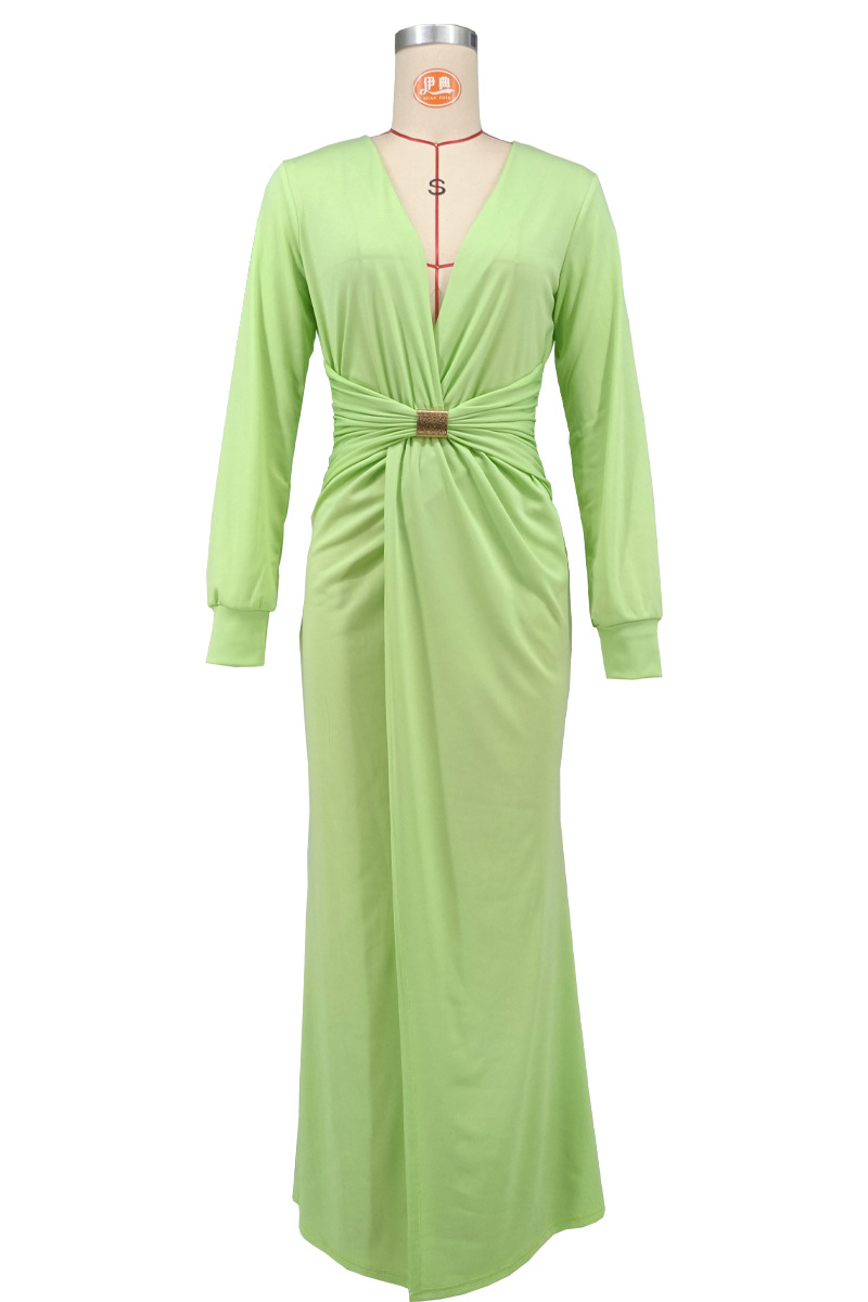 Fashion Deep V Long Sleeve Slim Waist Sexy Slit Solid Color Autumn Winter Women's Long Dres