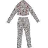 Women Fall/Winter Stand Collar Zippered Patchwork Leopard Print Top and Pants