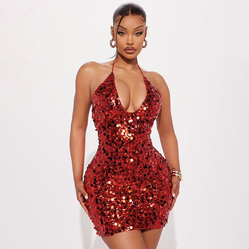 Women Summer Sexy Sequin Halter Neck Backless Party Bodycon Dress