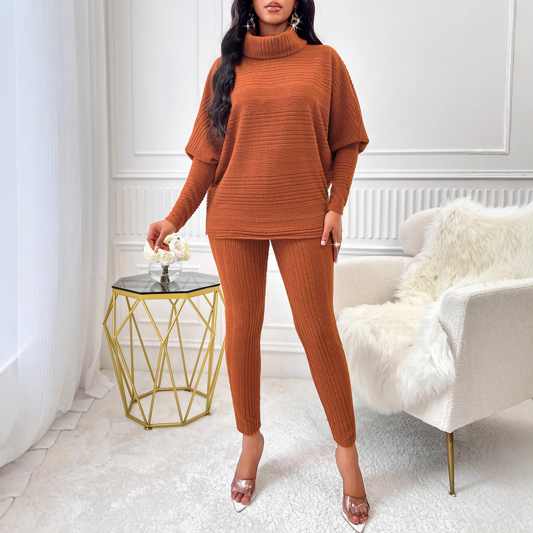 Winter Fashion Sexy Knitting Women's Solid Color High Neck Casual Loose Long Sleeve Women's Two Piece Pants Set