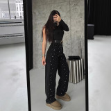 Women beaded black washed stretchy denim pant