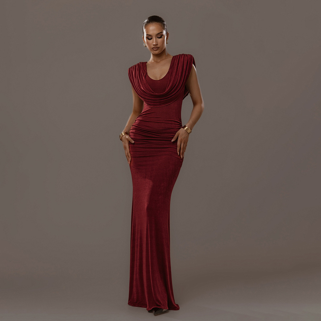 Autumn Women's Solid Color Chic Elegant Slim Waist Pleated Cowl Neck Slim Fit Long Dress