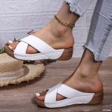 Thick Sole Women Plus Size Casual Slip-On Solid Color Cross Strap Wedge Sandals