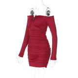 Women sexy strapless off-shoulder pleated bodycon dress