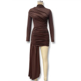 Women's Autumn Fashion Slim Fit Round Neck Long Sleeve Shirred Bodycon Irregular Ribbon Dress