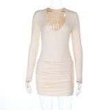 Women autumn/winter solid long-sleeved sexy U-neck bodycon dress