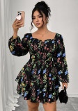 Women Printed Cascading Ruffles Square Neck Backless Sexy Puff Sleeve Dress