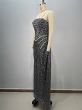 Women Black Bandage Strapless Sequined Fishtail Evening Dress with Rhinestones