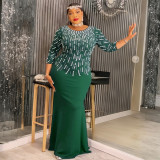 African Plus Size Women's Fashion Beaded Gown Solid Color Dress
