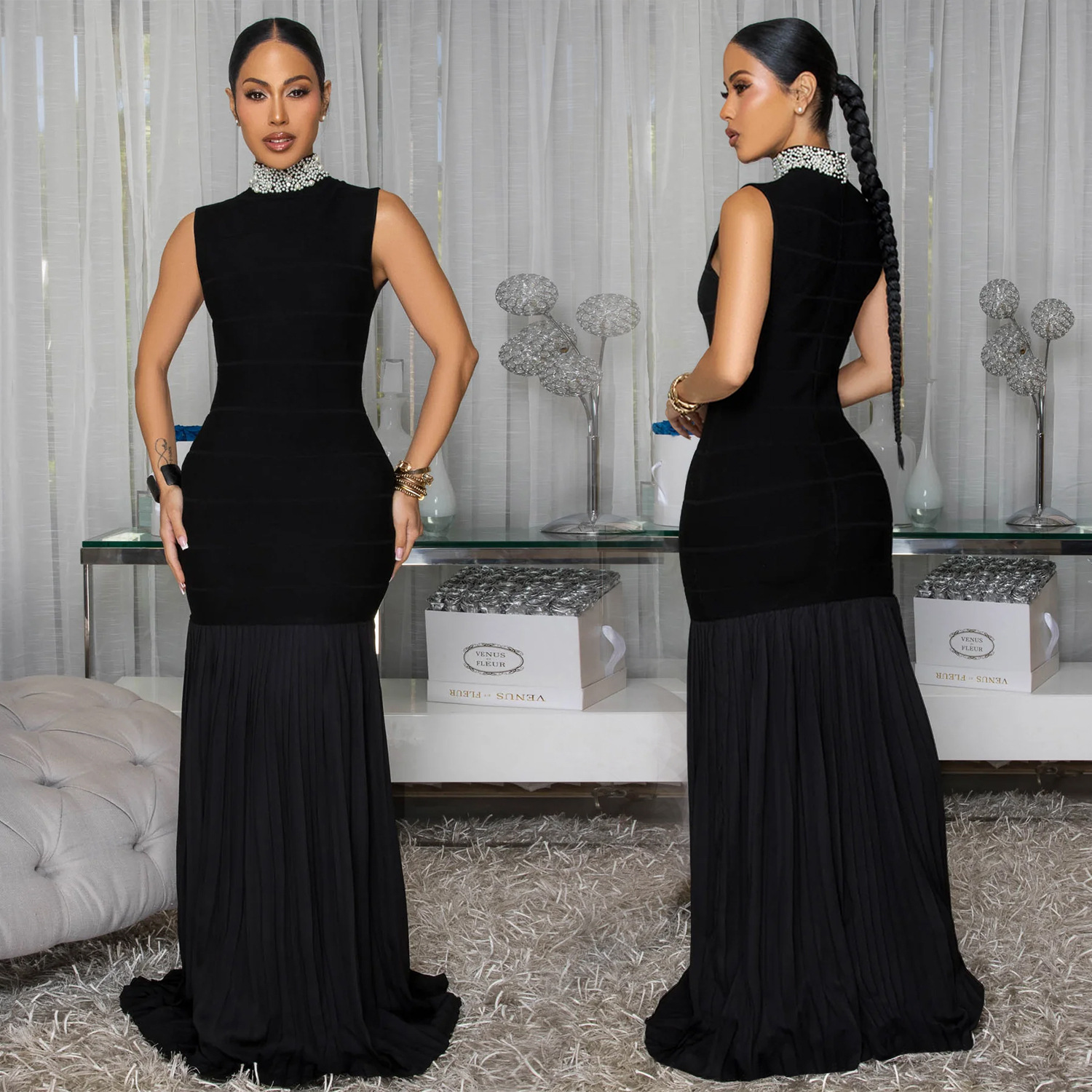 Fashion Women's Chic Pearl Patchwork Sleeveless Pleated Long Dress