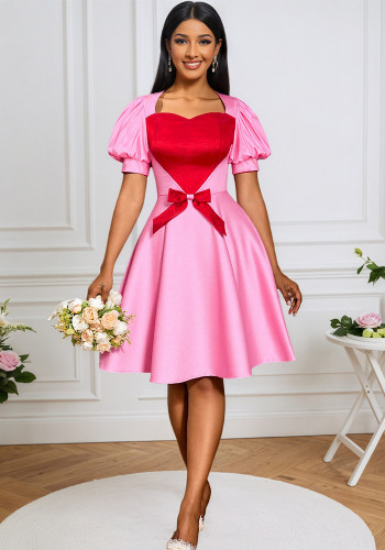 Women Contrast Heart Print Bow Puff Sleeve Party Dinner Dress