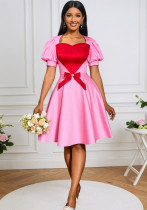 Women Contrast Heart Print Bow Puff Sleeve Party Dinner Dress Women Contrast Heart Print Bow Puff Sleeve Party Dinner Dress
