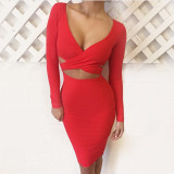 Spring Summer Style Women's Stretch Sexy Hollow V-neck Long Sleeve Nightclub Party Dress